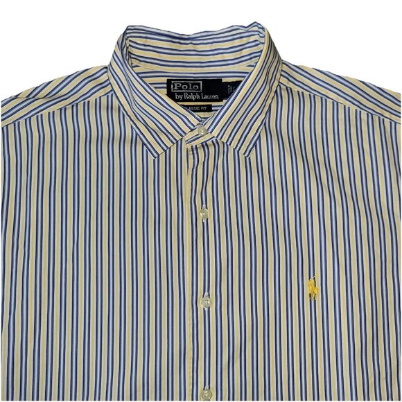 Polo Ralph Lauren Shirt Mens L Classic Fit Button-Down Yellow Blue Striped - Picture 1 of 16